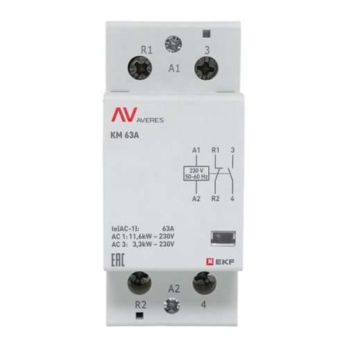 Контактор модульный КМ 63А 1NO+1NC 230В АС (2 мод.) AVERES EKF Контактор модульный КМ 63А 1NO+1NC 230В АС (2 мод.) AVERES EKF