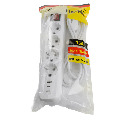 Удлинитель 4-местный с/з с выключ. STEKKER HM071-41-02 3x1мм2, 2м, 250В, 16А, 1USB+2C, 2.4A, сер Home, белый