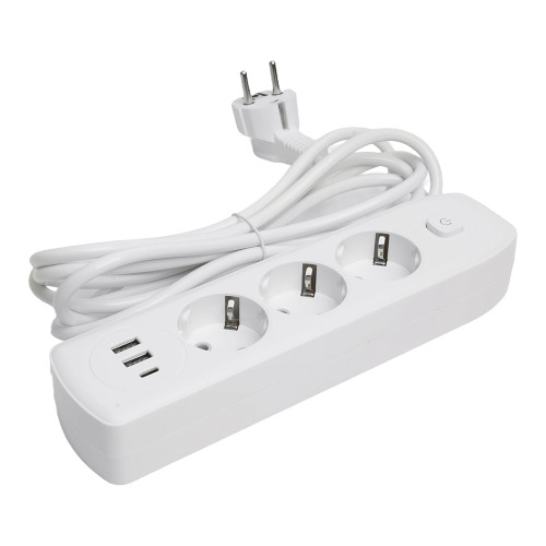 Удлинитель 3-местный c/з 3x1 мм2, 3 м, 250В, 10А, 2USB+1Type-C 2,4А, серия Home plus, белый STEKKER HM08-33-02 Удлинитель 3-местный c/з 3x1 мм2, 3 м, 250В, 10А, 2USB+1Type-C 2,4А, серия Home plus, белый STEKKER HM08-33-02