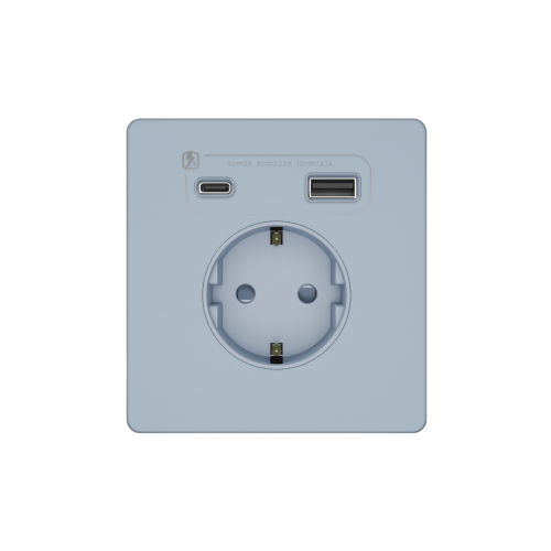 Systeme Infinity, Розетка С/У с ЗК и зар.устр.USB А+С 20Вт (250В, 16А, защит.шторки), Стальное небо Systeme Infinity, Розетка С/У с ЗК и зар.устр.USB А+С 20Вт (250В, 16А, защит.шторки), Стальное небо