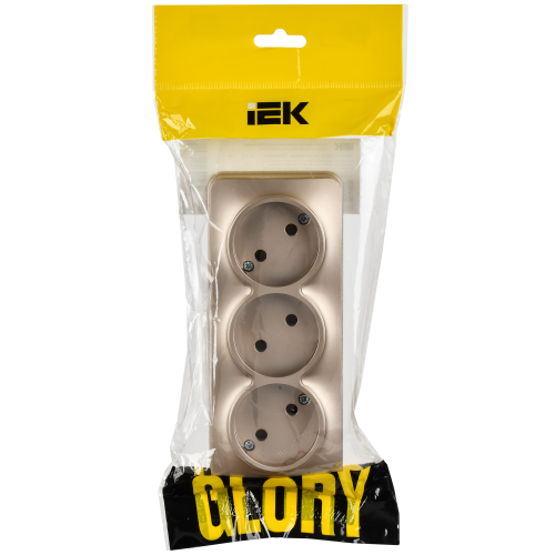 GLORY Розетка 3-местная для открытой установки без заземления без защитных шторок 10А РС23-2-ХШм шампань матовый IEK GLORY Розетка 3-местная для открытой установки без заземления без защитных шторок 10А РС23-2-ХШм шампань матовый IEK