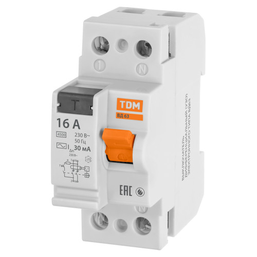 Устройство защитного отключения ВД63 2Р 16А 30мА (электронное) TDM Устройство защитного отключения ВД63 2Р 16А 30мА (электронное) TDM
