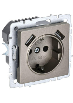 Розетка BRITE РЮш10-2-БрШ 16А с USB A+A 3.1А с заземл. защ. шторки шампань IEK BR-R14-16-U21-D31-K37