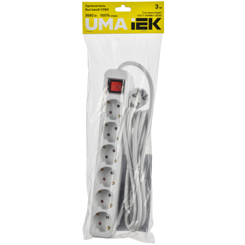 Удлинитель У06К 6 мест 2P+PE 3м 3х1,5мм2 16А белый UMA IEK Удлинитель У06К 6 мест 2P+PE 3м 3х1,5мм2 16А белый UMA IEK