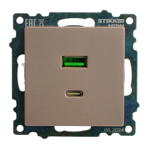 Розетка 2-местная USB + type C (механизм), STEKKER GLS10-7116-02, 250B, 3A, max 20W, серия Катрин, шампань