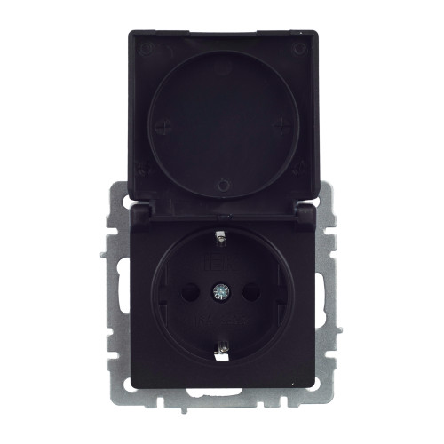 BRITE Розетка 1-местная с заземлением с защитными шторками и крышкой 16А IP44 РСбш10-3-44-БрЧ черный IEK