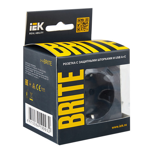 BRITE Розетка 1-местная с заземлением с защитными шторками 16А с USB A+C 18Вт РЮш11-1-БрМ маренго IEK