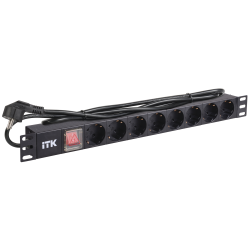 ITK PDU 8 розеток нем. стандарт, с LED выключателем, 1U, шнур 2м вилка нем. стандарт, алюминиевый профиль