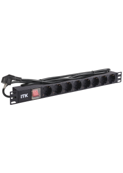 ITK PDU 8 розеток нем. стандарт, с LED выключателем, 1U, шнур 2м вилка нем. стандарт, алюминиевый профиль