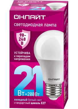 Лампа светодиодная 90 406 OLL-A60-21-230-6.5K-E27 ОНЛАЙТ 90406