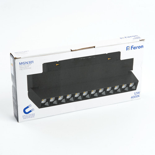 Светильник светодиодный Feron MGN301 трековый низковольтный 12W, 1080 Lm, 2700К, 30 градусов, черный серия LensFold Светильник светодиодный Feron MGN301 трековый низковольтный 12W, 1080 Lm, 2700К, 30 градусов, черный серия LensFold
