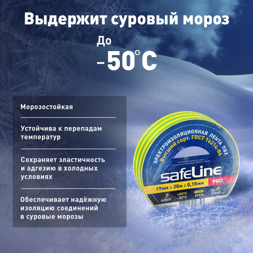 Изолента ПВХ желто-зеленая 19мм 20м Safeline
