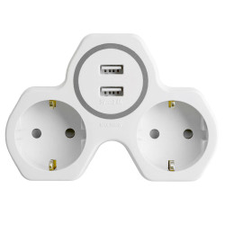 Разветвитель сетевой 2-местный с/з STEKKER ADP16-14-20, 250V, 16A и 2-мя USB выходами на 2,4А, огнеустойчивый пластик, белый/серый