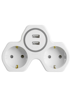 Разветвитель сетевой 2-местный с/з STEKKER ADP16-14-20, 250V, 16A и 2-мя USB выходами на 2,4А, огнеустойчивый пластик, белый/серый