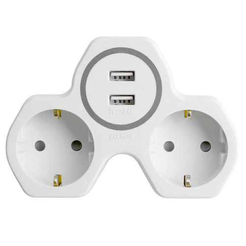 Разветвитель сетевой 2-местный с/з STEKKER ADP16-14-20, 250V, 16A и 2-мя USB выходами на 2,4А, огнеустойчивый пластик, белый/серый
