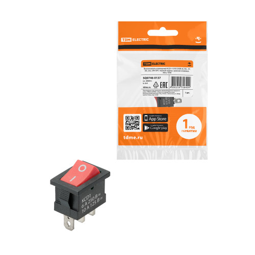 Выключатель клавишный KCD1-102 250В AC/DC, 1P, 6А, (3с), ON-ON, черный корпус, красная клавиша, Mini TDM