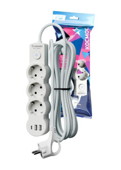 Удлинитель 3х5м с заземл. 10А IP20 USB 2800Вт 220В ПВС 3х1 с выкл. бел. КОСМОС YKsm5m3g-Z-VU10А-W