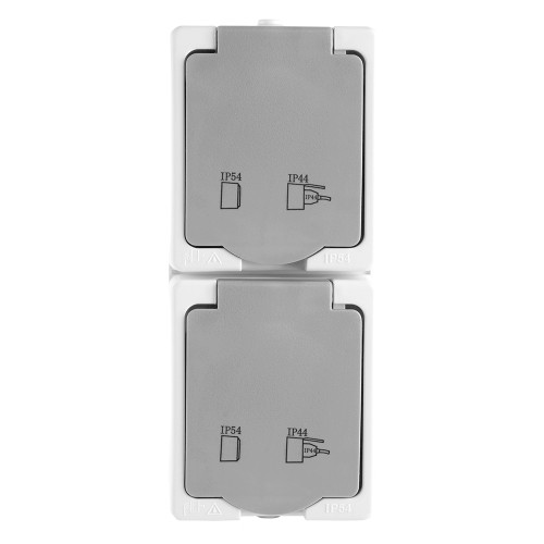 Розетка 2-местная с крышкой с/з STEKKER PST16-22-54V, пластик АВS, 250В, 16А, IP54, белый/серый Розетка 2-местная с крышкой с/з STEKKER PST16-22-54V, пластик АВS, 250В, 16А, IP54, белый/серый