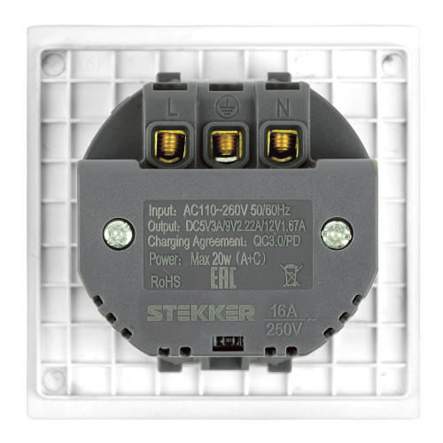 Розетка 1-местная з/ш с/з 16А + USB + Type C (механизм), STEKKER, 250В, 20W, серия Мия, RST16-3119-01, белая магнолия Розетка 1-местная з/ш с/з 16А + USB + Type C (механизм), STEKKER, 250В, 20W, серия Мия, RST16-3119-01, белая магнолия