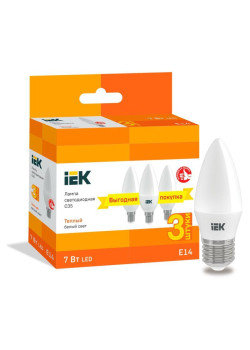 Лампа светодиодная C35 свеча 7Вт 230В 3000К E14 (уп.3шт) IEK LLE-C35-07-230-30-E14-3