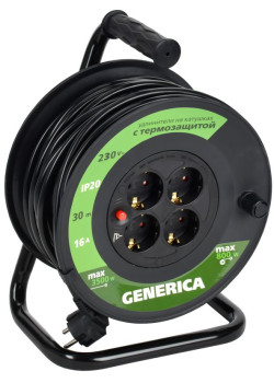 Удлинитель на катушке 4х30м 16А IP20 УК30 2P+PE 3х1.5 термозащита GENERICA WKP20-16-04-30-G