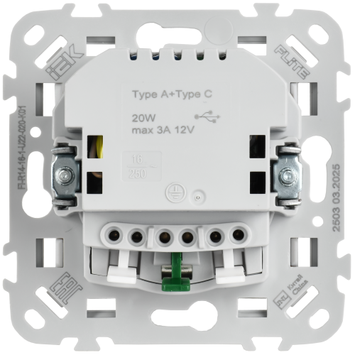 FLITE Розетка 1-местная с заземлением с защитными шторками 16А с USB A+C 20Вт безвинтовое крепление РСЮшс11-1-ФлБ белый IEK