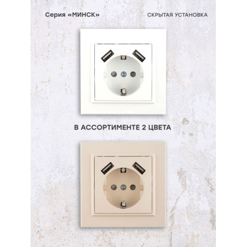 Минск Розетка 1-мест. СП с/з 16А бел. с защ. штор. с 2 USB 2,1А EKF