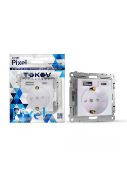 Розетка 1-м СП Pixel с заземл. с 2-мя заряд. устр. USB тип A+C IP20 механизм перламутр. TOKOV ELECTRIC TKE-PX-R1U2AC-C04