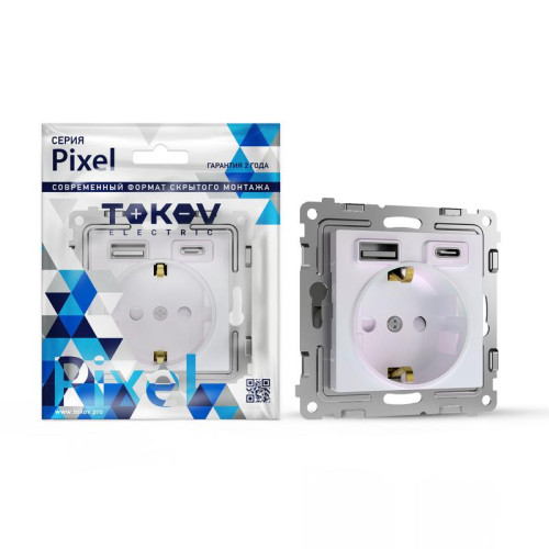 Розетка 1-м СП Pixel с заземл. с 2-мя заряд. устр. USB тип A+C IP20 механизм перламутр. TOKOV ELECTRIC TKE-PX-R1U2AC-C04