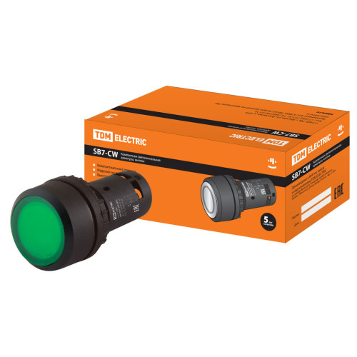 Кнопка SB7-CW3361 с возвратом, 1НО, d22 мм, с подсветкой 24 В LED, зеленая, IP54 TDM