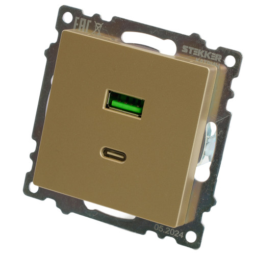 Розетка 2-местная USB + type C (механизм), 250В, 3А, max 20W, STEKKER, GLS10-7116-08, серия Катрин, золото Розетка 2-местная USB + type C (механизм), 250В, 3А, max 20W, STEKKER, GLS10-7116-08, серия Катрин, золото