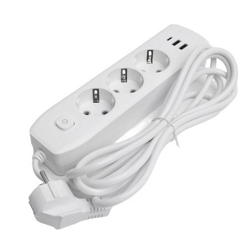 Удлинитель 3-местный c/з 3x1 мм2, 3 м, 250В, 10А, 2USB+1Type-C 2,4А, серия Home plus, белый STEKKER HM08-33-02 Удлинитель 3-местный c/з 3x1 мм2, 3 м, 250В, 10А, 2USB+1Type-C 2,4А, серия Home plus, белый STEKKER HM08-33-02