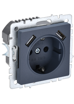 BRITE Розетка 1-местная с заземлением с защитными шторками 16А с USB A+A 5В 3,1А РЮш10-2-БрМ маренго IEK
