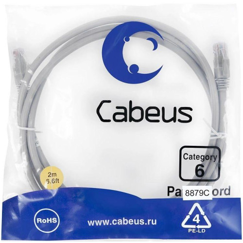 Патч-корд Cabeus PC-UTP-RJ45-CAT.6-2M-LSZH U/UTP RJ-45 вил.-вилка RJ-45 кат.6 2м серый LSZH
