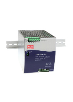 Блок питания AC-DC, 960Вт, ККМ, 3-х фазный, вход 340-550В AC, 47-63,480-780В DC, выход 24В,40A, рег. вых 24-28В, в кожухе на DIN-рейку