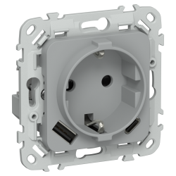 FLITE Розетка 1-местная с заземлением с защитными шторками 16А с USB A+C 20Вт безвинтовое крепление РСЮшс11-1-ФлС серый IEK