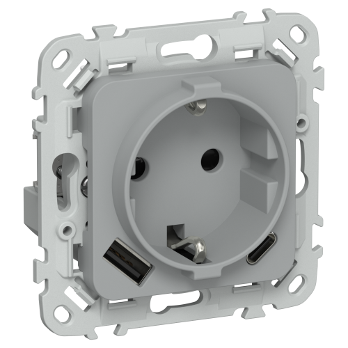 FLITE Розетка 1-местная с заземлением с защитными шторками 16А с USB A+C 20Вт безвинтовое крепление РСЮшс11-1-ФлС серый IEK