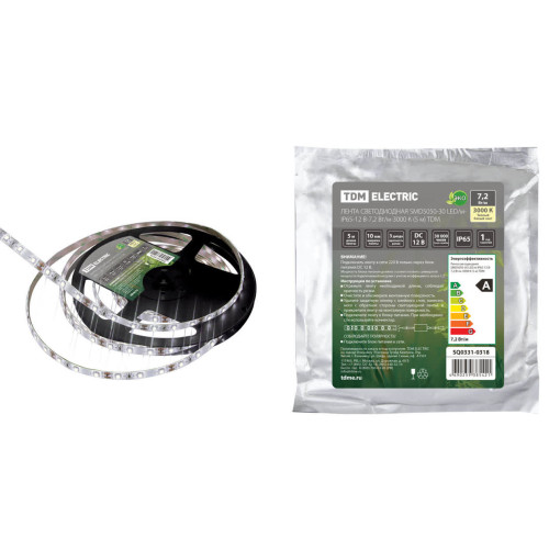 Лента светодиодная SMD5050-30 LED/м-IP65-12 В-7,2 Вт/м-3000 К (5 м) TDM