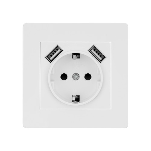 Розетка 2П+З 16А 250В + 2 USB порта 2,1А 5В белая Розетка 2П+З 16А 250В + 2 USB порта 2,1А 5В белая