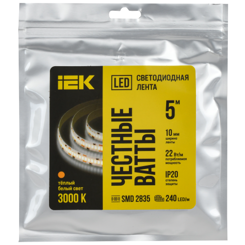 Лента светодиодная 5м SMD2835 240LED/м 22Вт/м IP20 ширина 10мм 24В теплый белый IEK