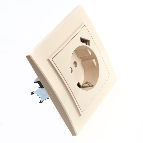 Розетка 1-местная с/з, STEKKER, PST16-9011-02 250В, 16А с защитной шторкой и с USB, серия Эрна, слоновая кость Розетка 1-местная с/з, STEKKER, PST16-9011-02 250В, 16А с защитной шторкой и с USB, серия Эрна, слоновая кость