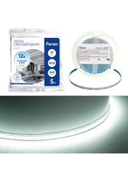 Светодиодная LED лента Feron LS617, 240SMD(2835)/м 19Вт/м 12V 5000*10*1.22мм 6500К, IP20