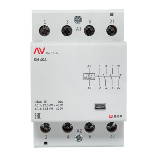 Контактор модульный КМ 40А 3NO+1NC 230В АС (3 мод.) AVERES EKF Контактор модульный КМ 40А 3NO+1NC 230В АС (3 мод.) AVERES EKF