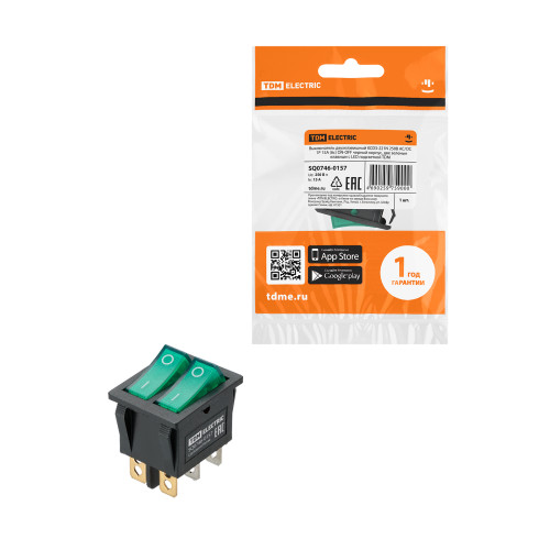 Выключатель двухклавишный KCD3-221N 250В AC/DC 1P 15А (6с) ON-OFF черный корпус, две зеленые клавиши с LED подсветкой TDM