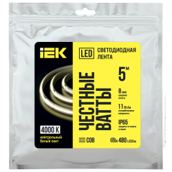 Лента светодиодная 5м COB 480LED/м 11Вт/м IP65 ширина 8мм 24В нейтральный белый IEK