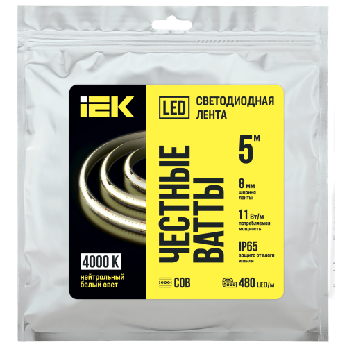 Лента светодиодная 5м COB 480LED/м 11Вт/м IP65 ширина 8мм 24В нейтральный белый IEK