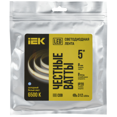 Лента светодиодная 5м COB 312LED/м 8Вт/м IP20 ширина 8мм 24В холодный белый IEK