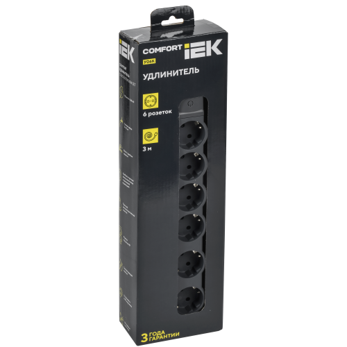 COMFORT Удлинитель У06К 6 мест 2P+PE 3м 3х1,5мм2 16А черный IEK COMFORT Удлинитель У06К 6 мест 2P+PE 3м 3х1,5мм2 16А черный IEK