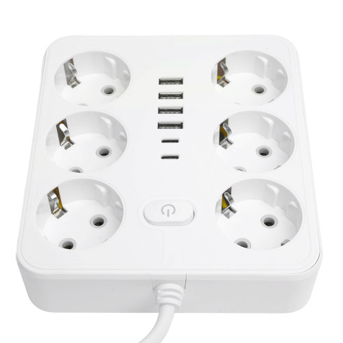 Удлинитель 6-местный c/з 3x1 мм2, 1,8 м, 250В, 10А, 4USB+2Type-C 2,4А, серия Home plus, белый STEKKER HM09-66-02 Удлинитель 6-местный c/з 3x1 мм2, 1,8 м, 250В, 10А, 4USB+2Type-C 2,4А, серия Home plus, белый STEKKER HM09-66-02