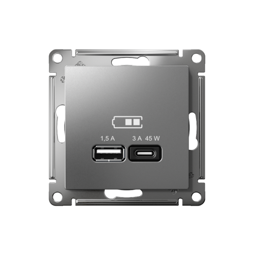 ATLASDESIGN USB РОЗЕТКА A + тип-C 45Вт высокоскор.заряд. QC, PD, механизм, СТАЛЬ ATLASDESIGN USB РОЗЕТКА A + тип-C 45Вт высокоскор.заряд. QC, PD, механизм, СТАЛЬ